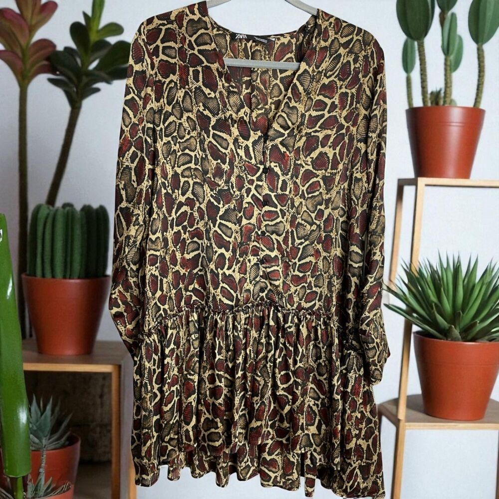 ZARA Women Medium Snakeskin Print Mini Dress Satin Drop Waist Ruffle Tunic Edgy